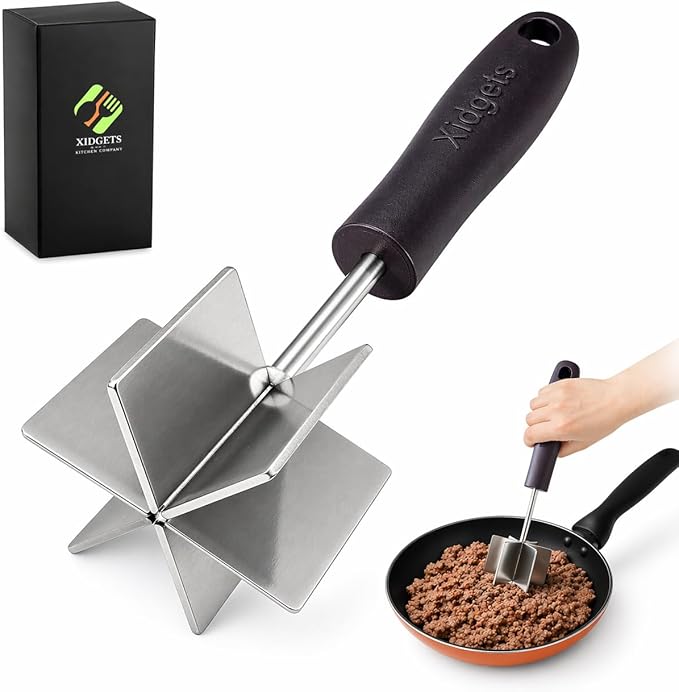 Large Stainless Steel Meat Chopper & Masher | Dishwasher Safe | 6-Blade Ground Beef Chopper Tool | Hamburger Smasher | Oversized Ergonomic Handle | Heat Resistant Grip - 10" (Black 10")