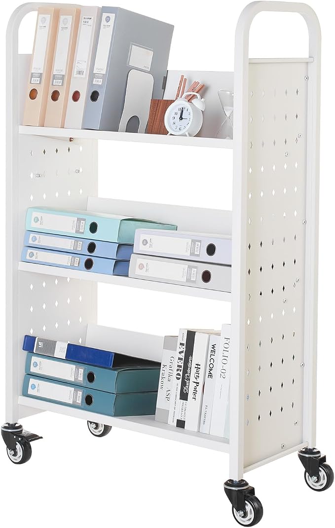 VEVOR Rolling Library Book Cart, 330 lbs Capacity, 30.3 x 15 x 48.0-Inch Library Cart, Single Sided V-Shaped Shelves with 3-Inch Lockable Wheels, Book Truck for Home Shelves Office and School, White
