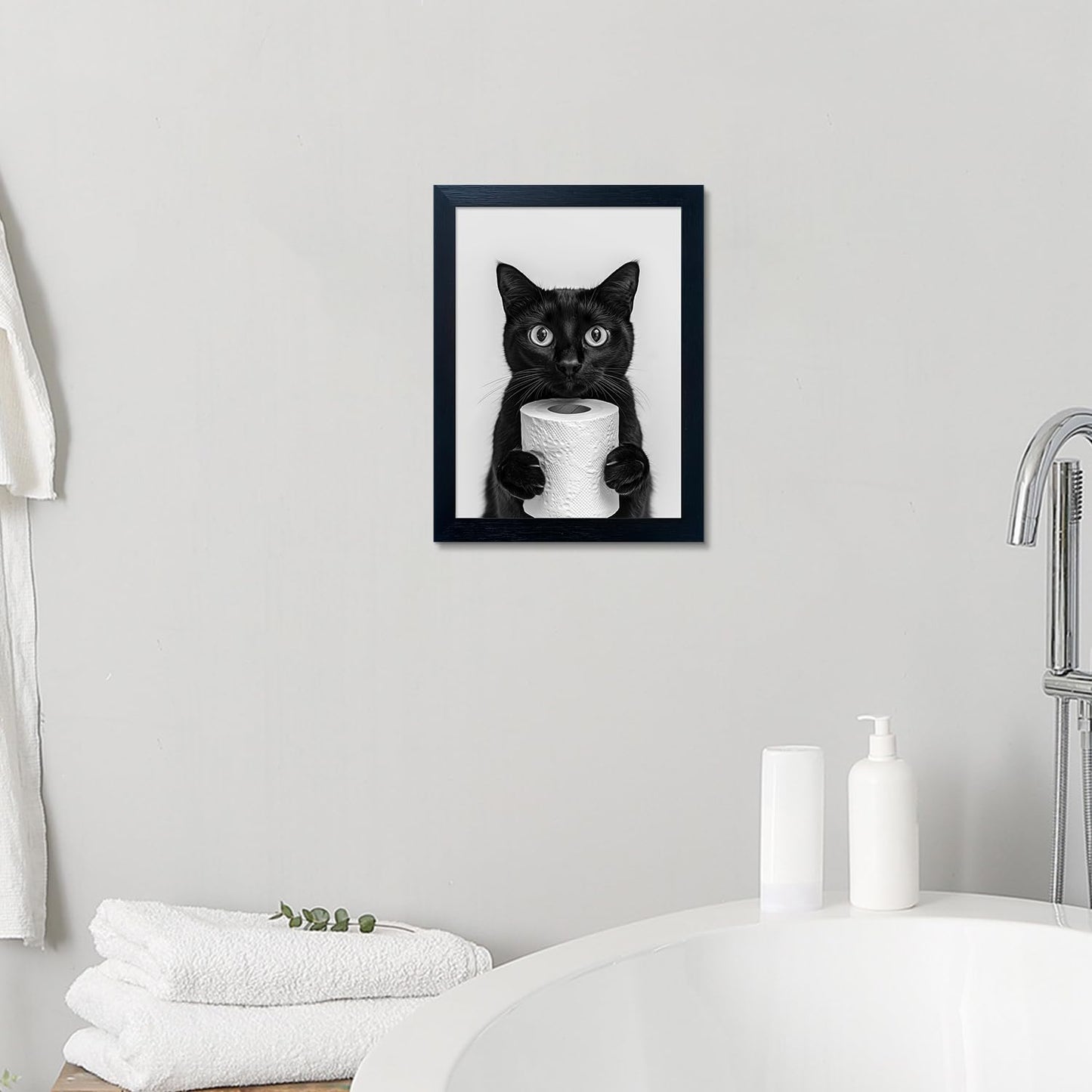 Framed Funny Black Cat Holding Toilet Paper Roll Canvas Print Poster Black and White Bathroom Wall Art Animal Painting Bathroom Pictures Wall Decor