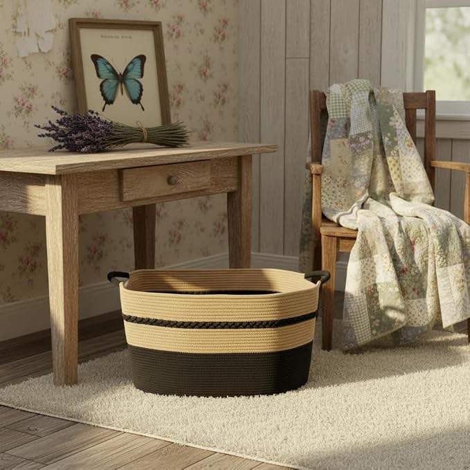 large laundry basket woven from natural cotton rope with handles storage blankets for living rome big decorative quilted baskets for clothes toys pillows hamper 22"x14.6"x12" black