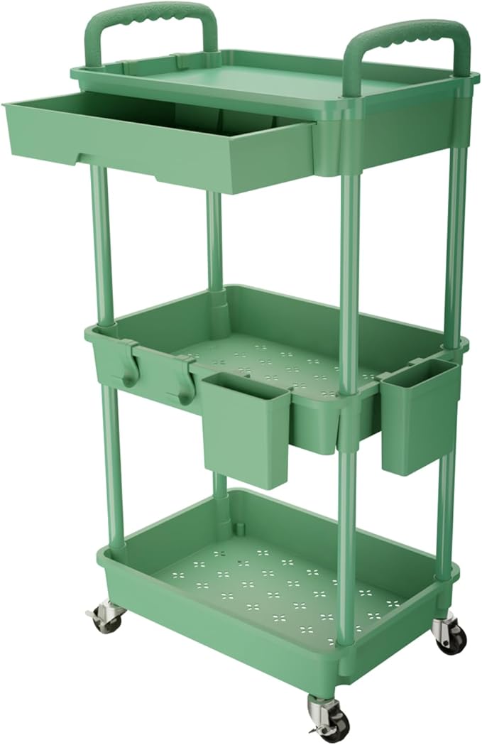 REBECAT 3 Tier Rolling Utility Cart with Drawer,Rolling Storage Cart,Storage Cart for Kitchen,Bathroom,Living Room, Organizer with Iron Wheels(Green)