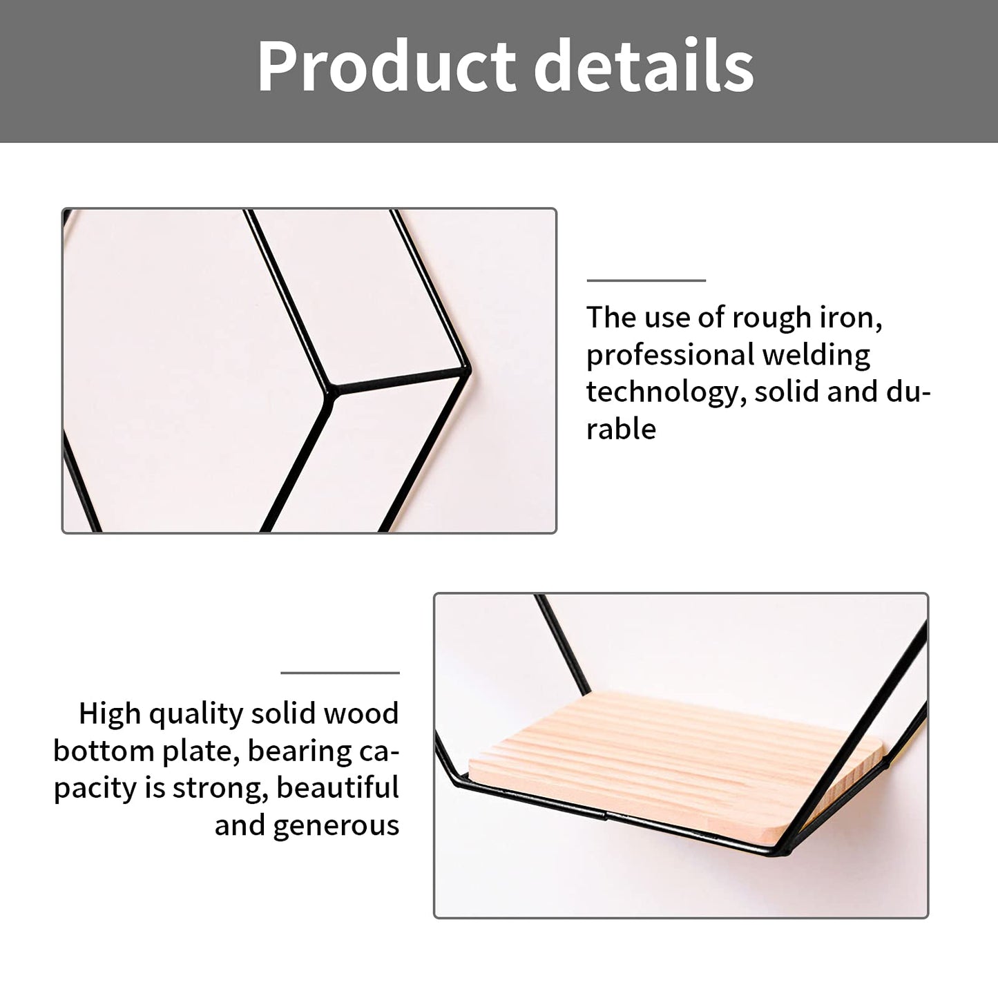 Wall Mounted Hexagonal Floating Shelves Black Set of 3 in Different Sizes, Modern Metal Wall Shelf, Simple Wood Partition Storage Shelves, Wall Decor Rack for Bedroom, Living Room, Kitchen and Office