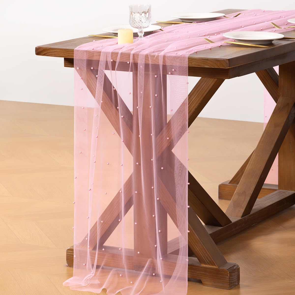 Socomi Pearl Table Runner Tulle Pink Summer Cheesecloth 10FT Gauze Cheese Cloth Sheer Chiffon Dining Wedding Birthday Party Baby Shower Bridal Engagement Anniversary Holiday Centerpiece Table Decor