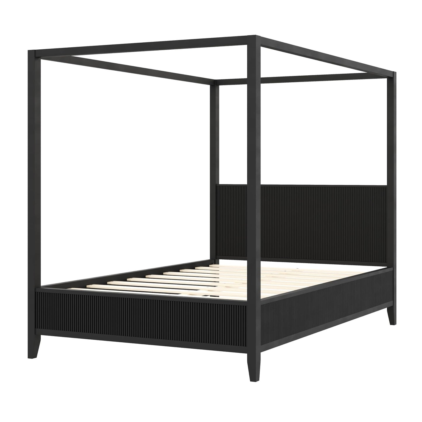 Merax Modern Luxury Queen Size Wooden Canopy Bed Frame with Headboard, Slats Support, Wood 4 Poster Bed Frame, No Box Spring Needed, Contemporary Bedroom Furniture, Black