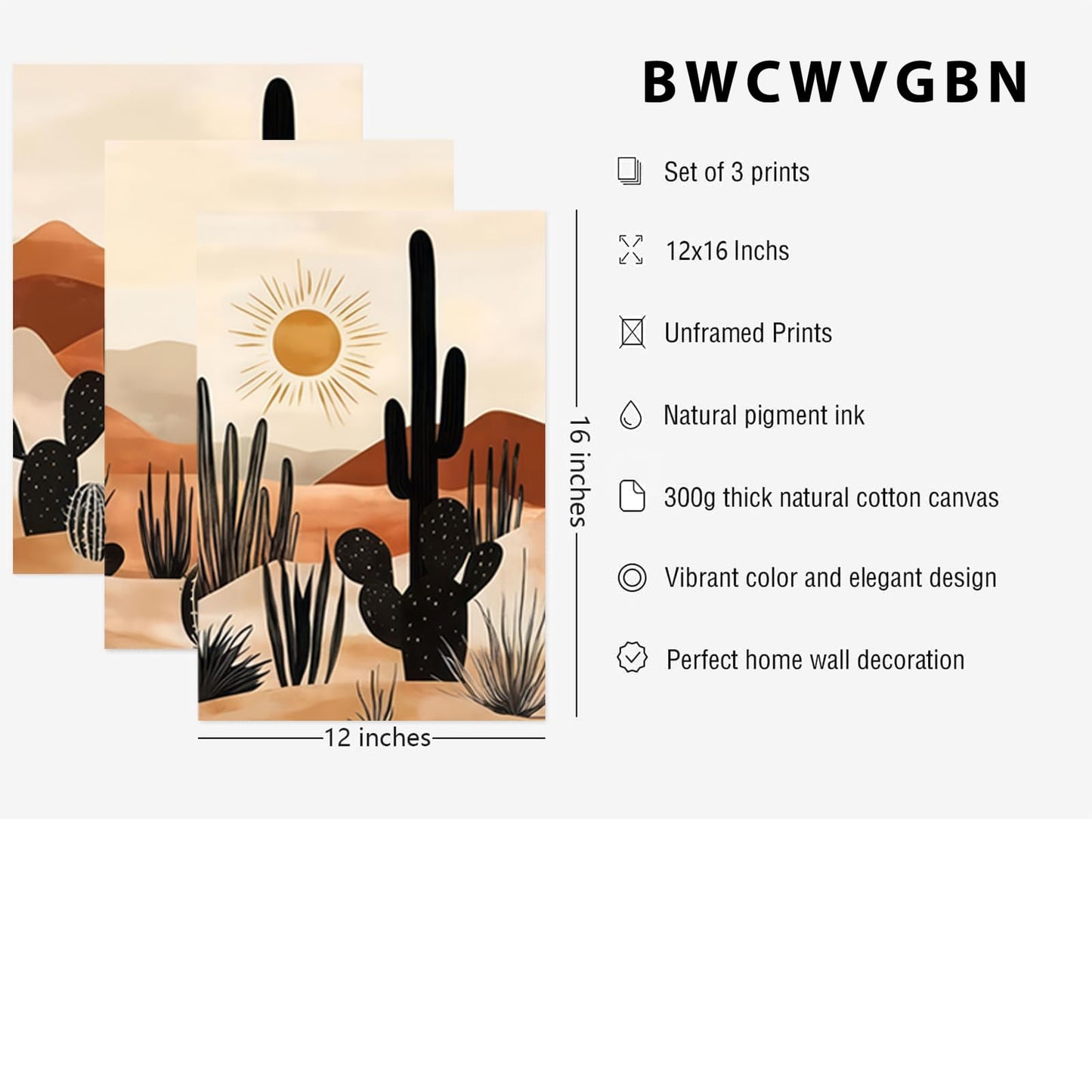 BWCWVGBN Cactus Canvas Wall Art Set of 3 Desert Plants Posters Wall Decor Mid Century Modern Boho Cactus Painting Pictures Southwestern Desert Print Artworks for Home Bedroom Living Room 12X16 Poster