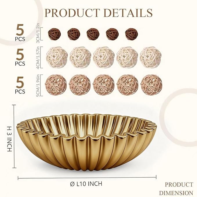Large Modern Ruffle Bowls, Artificial Stone Decorative Catch All Bowl for Kitchen Counter and Entryway Table, Handcrafted Fruit Bowls and Key Bowl for Home Decor(Golden)