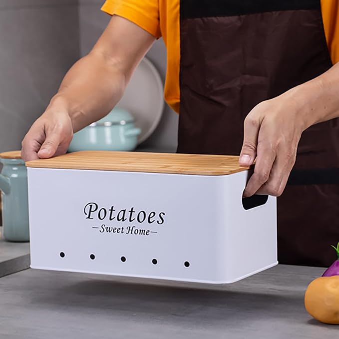 Simcat Kitchen Vegetable Storage Tins Set of 3, Potato Onion Garlic Kitchen Storage Canisters, Vegetable bin Keeper Containers with Aerating Holes and Wooden Lid (White)