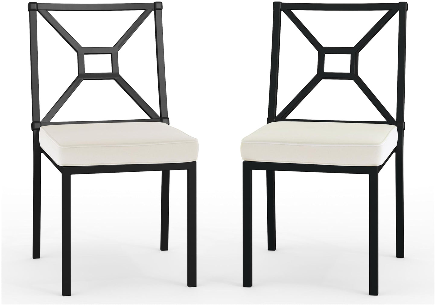 Martha Stewart Lily Pond All-Weather Stackable Patio Chairs with Elevated Backrest Design and Steel Frames in Black with Cream Cushions, Set of 2