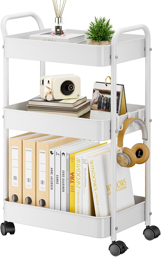YASONIC 3-Tier Metal Rolling Cart, Sturdy Storage Utility Carts with Wheels, Multifunction Craft Art Organizer for Bedroom, Laundry, Garage, Office, Nursery, Bathroom, Easy Assembly (White)