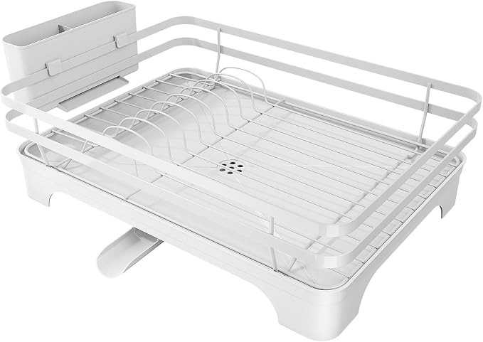 Kitsure Dish Drying Rack - Multi-Functional Dish Rack for Kitchen Counter with Cutlery Holder, Rust-Proof Storage Solution with Rotatable, 15.7" x 12.0" x 5.5", White