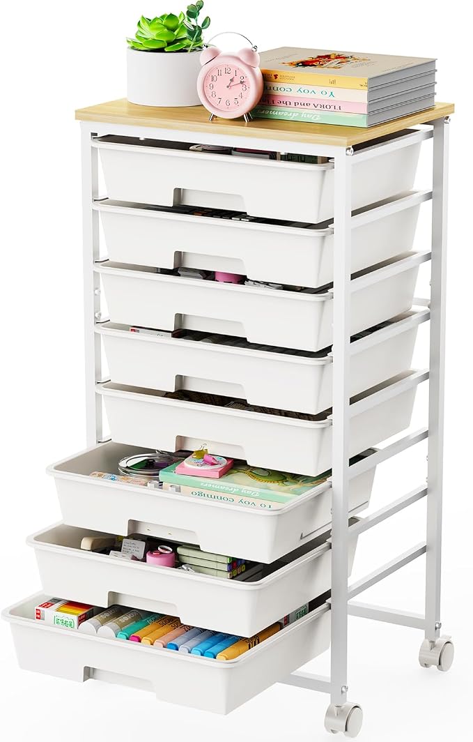 LEHOM Rolling Storage Cart with 8 Drawers, Utility Cart on Wheels with Metal Frame and Wooden Tabletop for Living Room Bedroom Dorm, Office Storage & Art Supply Craft Organizer for Classroom