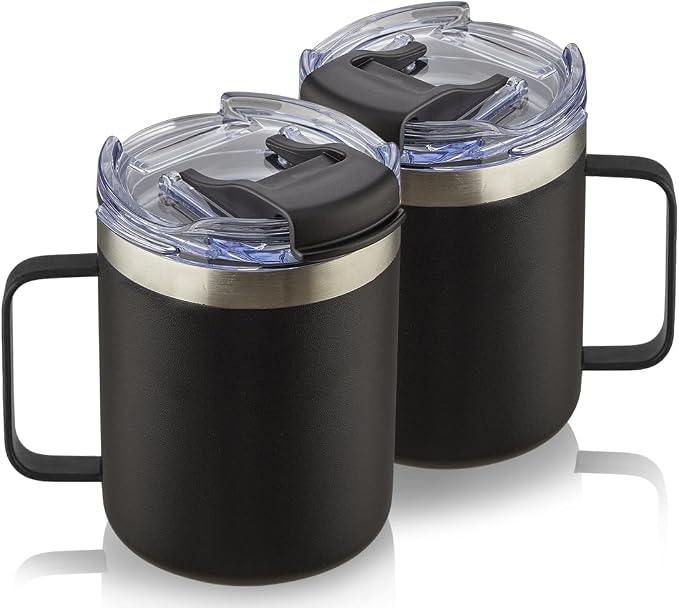 12oz Stainless Steel Insulated Coffee Mug with Handle, Double Wall Vacuum Tumbler Cup with Fliping Lid, Black, 2 Pack