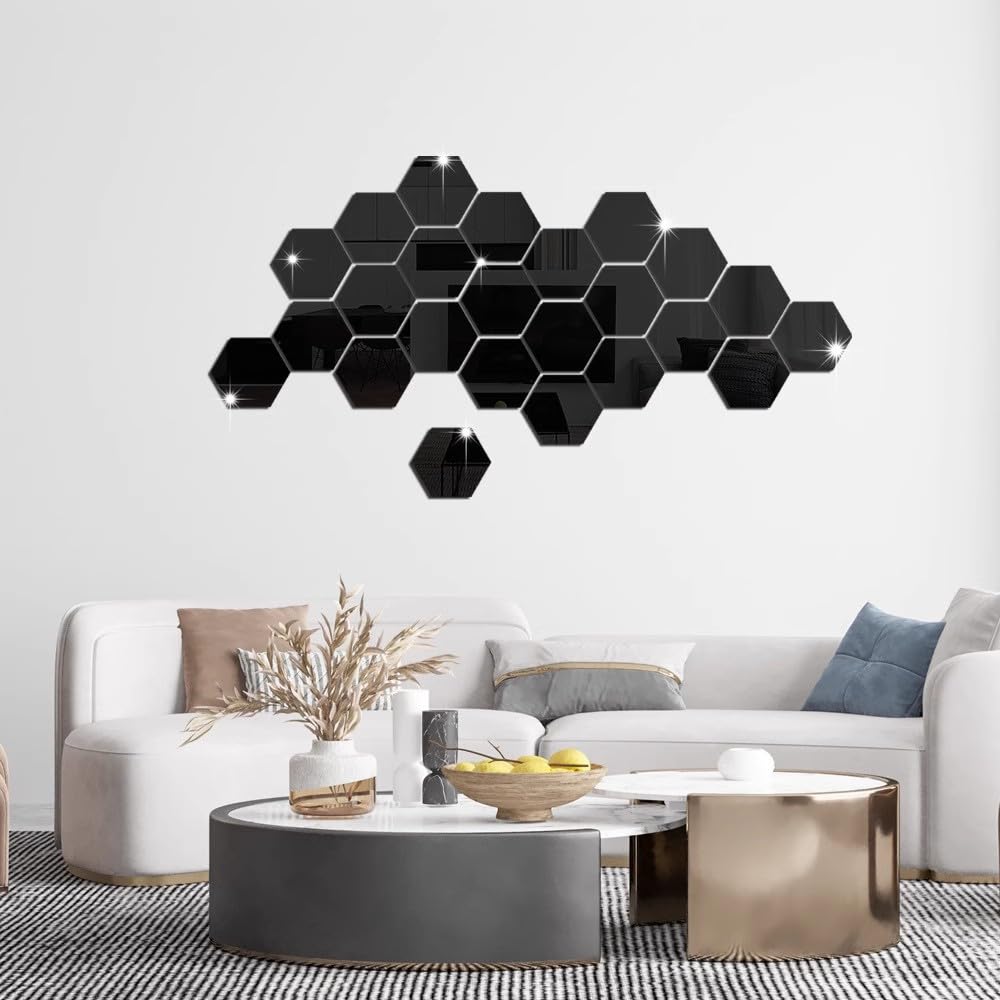 10PCS 3D Acrylic Mirror Wall Stickers Self-Adhesive Waterproof Mirror Decal Bedroom Living Room Hexagon Background Decoration,Black XS