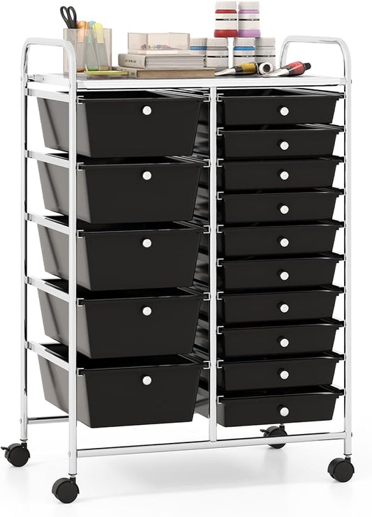 Giantex 15 Drawer Rolling Storage Cart Tools Scrapbook Paper Office School Organizer, Black