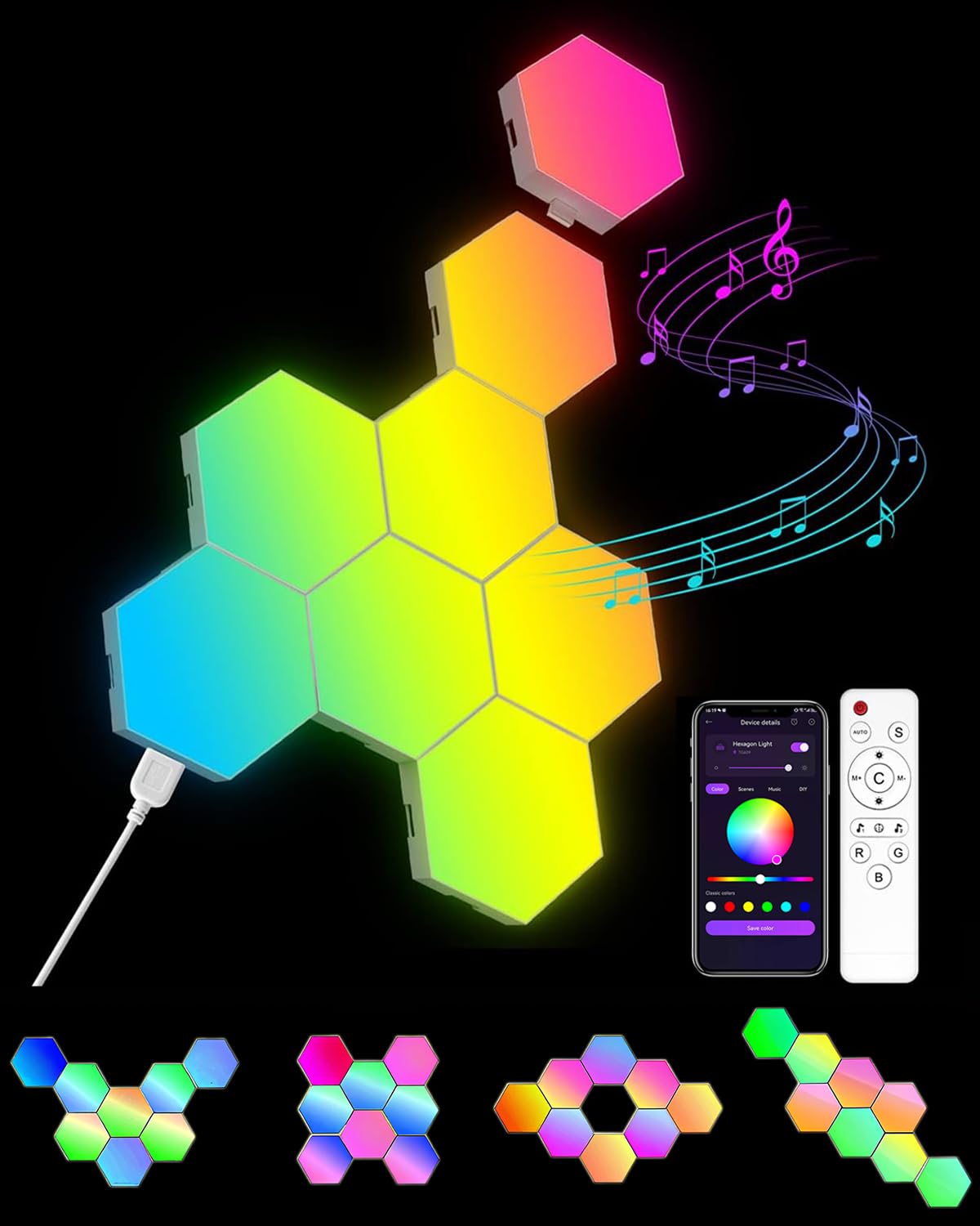 Kangtaixin Hexagon LED Lights 8 Pack - RGB Wall Panels with Music Sync, Smart App & Remote Control, DIY Modular Hex Light for Gaming Room, Bedroom, Living Room, Wall Decor