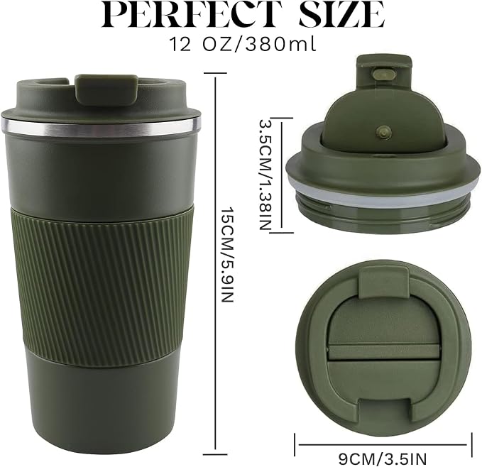 YINBAOGE Insulated Travel Coffee Mug, Spill & Leak Proof, Portable To Go Camping Stainless Steel Coffee Tumbler, Reusable Thermal Coffee Cup with Lid for Hot & Cold Drinks (Green, 12 OZ)
