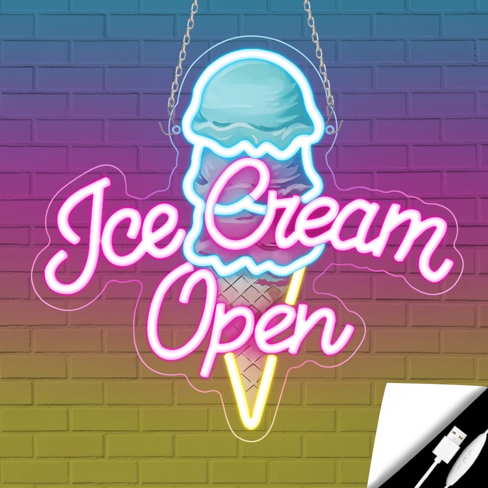 Ice Cream Neon Open Signs,Ice Cream Neon Signs for Wall Decor,Adjustable Brightness Led Neon Open Signs for Business Store,Cafe,Bar,Party,Bedroom Decor,Birthday,Christmas