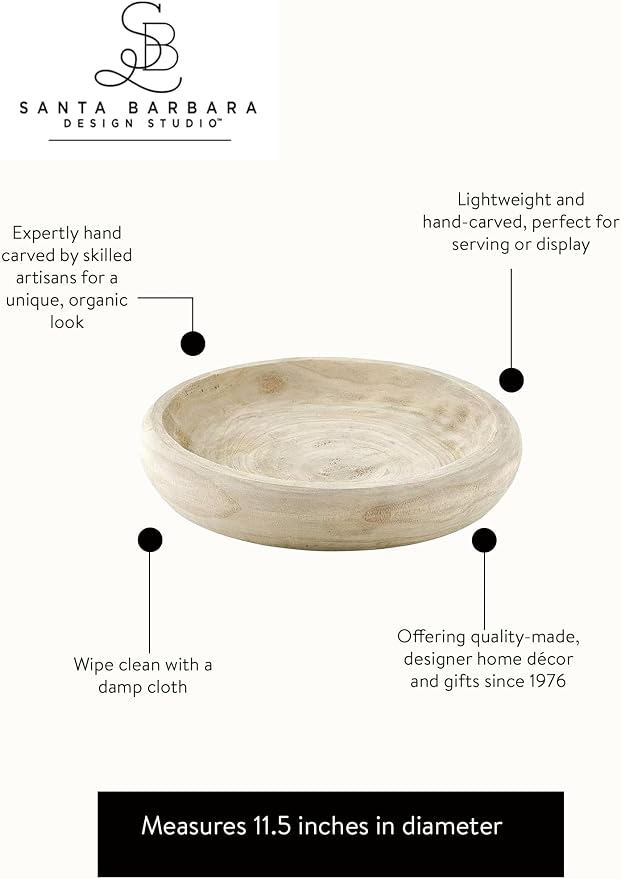 Santa Barbara Design Studio Wood Serving Bowl, Hand Carved Paulownia Wood Fruit Bowl/Decor, 11.5" Large, Natural