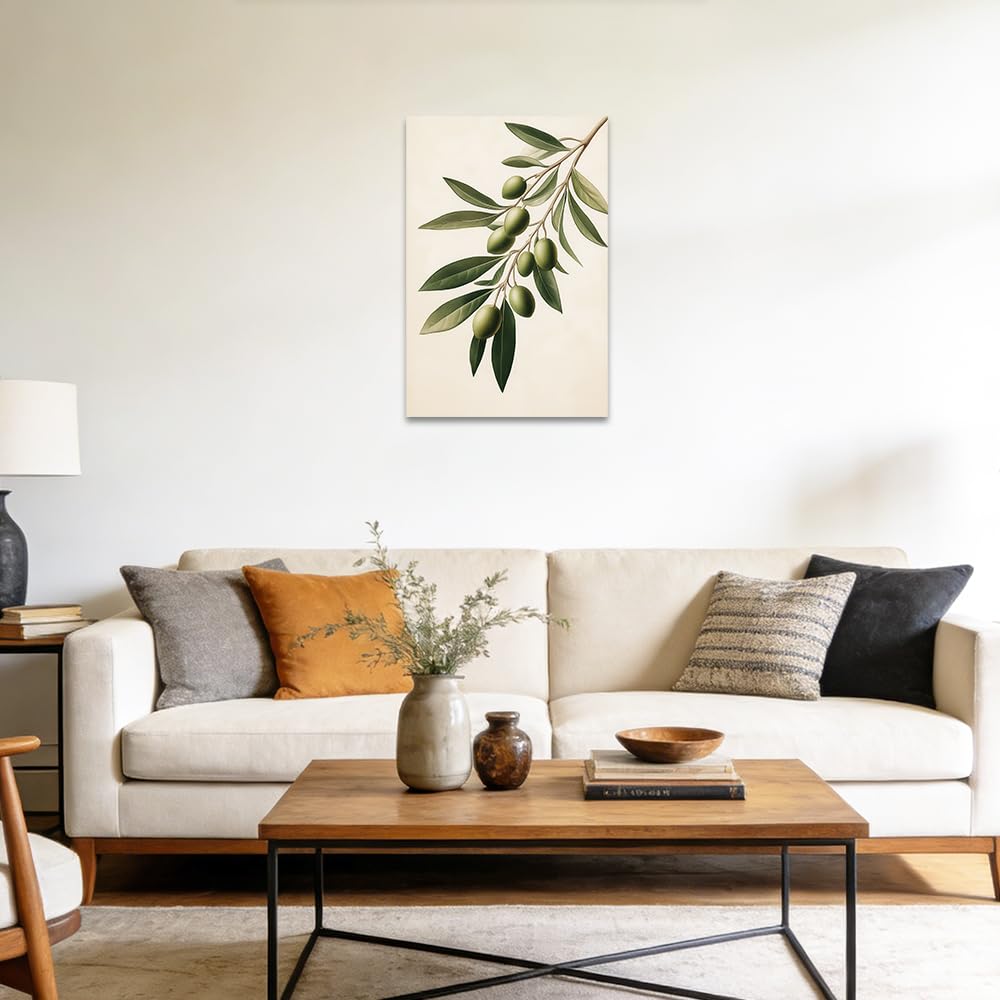 SWQYLB Olive Branch Wall Art Green Olive Wall Decor Still Life Botanical Canvas Prints for Dining Room Kitchen Bedroom Home Decor Framed (12"x18")