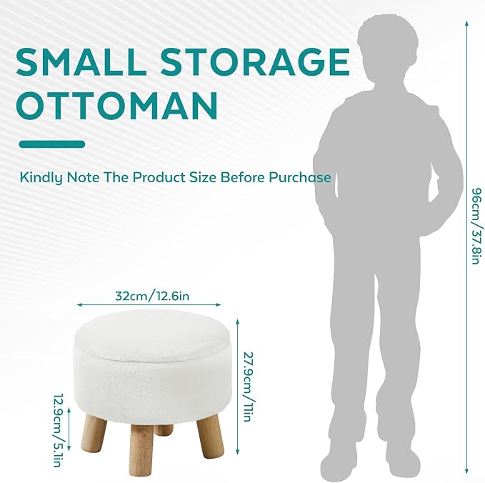 Small Foot Stool Ottoman with Storage, Soft Faux Fur Ottoman Foot Rest for Couch, Round Footstool with Storage, Small Ottomans and Footstools for Living Room and Entryway (White)
