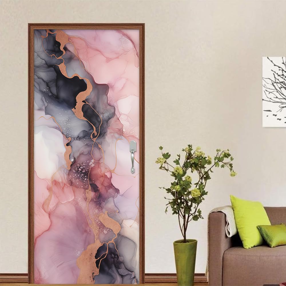 REDAMANCY Modern Pink Grey Purple Abstract Marble Peel and Stick Door Stickers Vinyl Decals Decor Modern Self-Adhesive, Waterproof, Removable