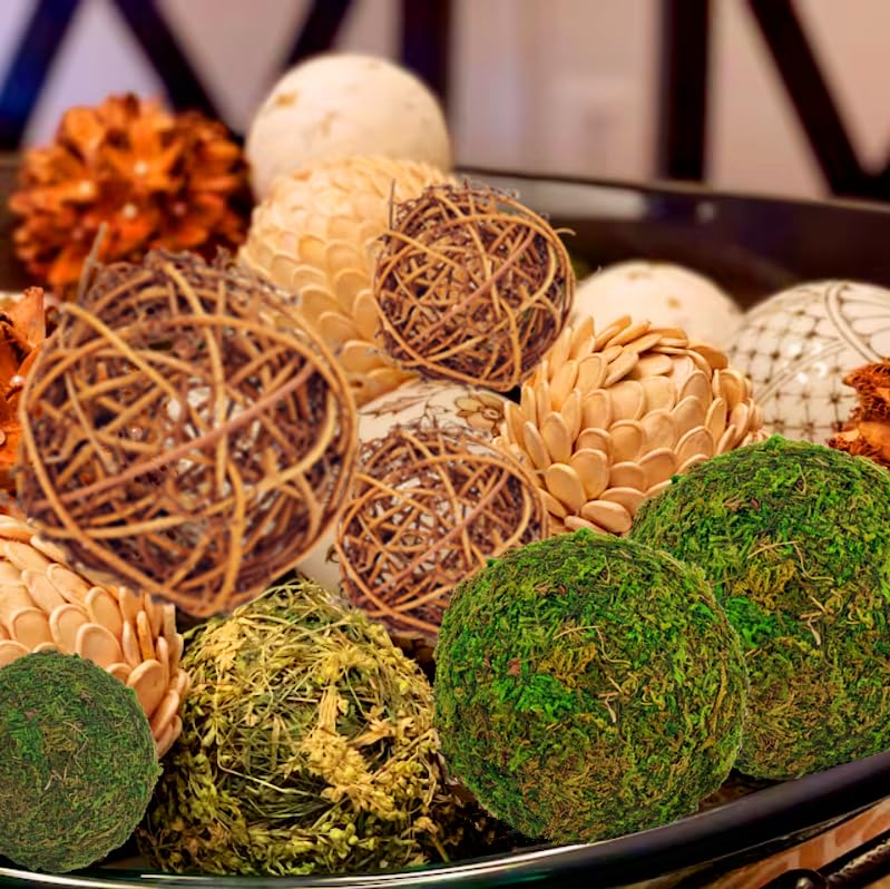 BYHER Decorative Balls for Centerpiece Bowls, 18pcs Fake Moss Balls + Wicker Rattan Balls Set Vase Bowl Filler for Home Garden Wedding Party Decor (Fresh Green + Rustic Brown)