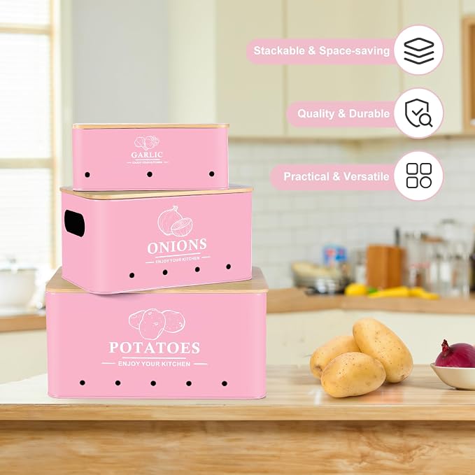 Kitchen Vegetable Storage Set of 3, Metal Onion Garlic Potato Storage Set, Kitchen Canisters Vegetable Keeper Containers with Aerating Holes and Bamboo Lid,Pink