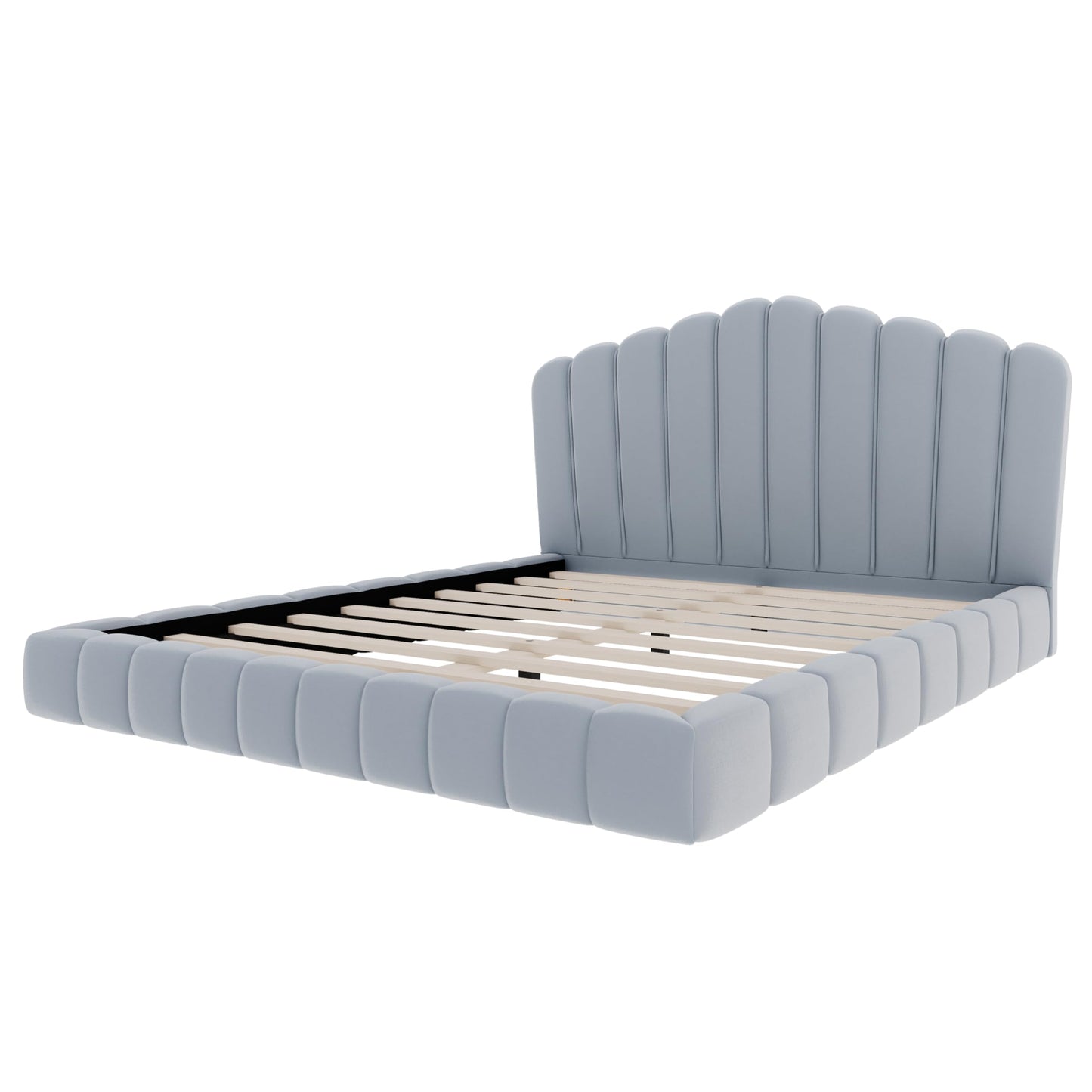 Merax Queen Size Floor Platform Bed Frame,Velvet Upholstered Bedframe with Shell-Shaped Headboard and Cushioning All Around Guards for Bedroom,No Box Spring Needed,Light Blue