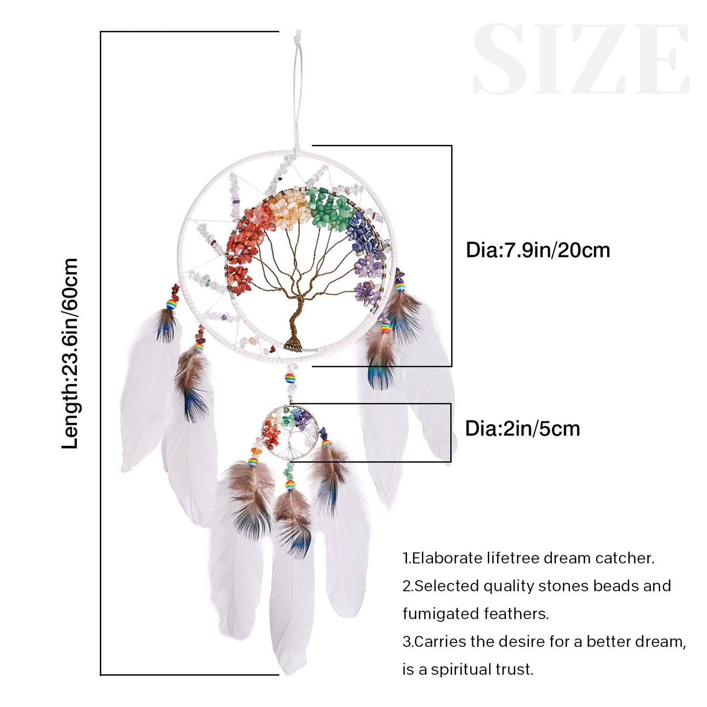 7 Chakras White Tree of Life Dream Catchers Wall Decor with Rainbow Healing Crystal Stone Handmade Art Feather Dreamcatcher Wall Hanging Ornament for Bedroom Decor Blessing Gift Wedding Party-23.6"