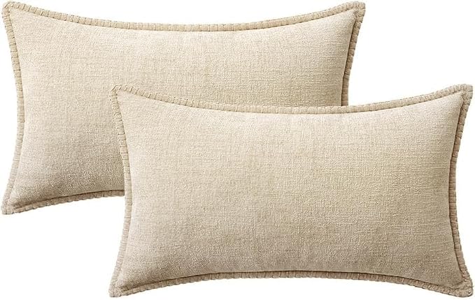 MIULEE Pack of 2 Lumbar Throw Pillow Covers 12x20 Inch Beige Farmhouse Decorative Pillow Covers with Stitched Edge Soft Chenille Solid Dyed Pillow Covers for Couch Sofa Bed Living Room