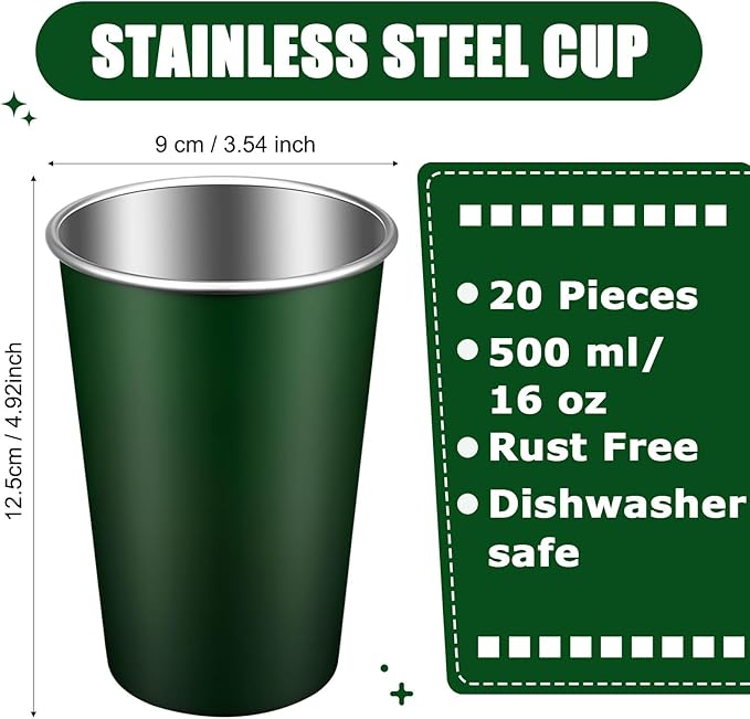 Mimorou 20 Pack 16 oz Stainless Steel Pint Cups Metal Cups Unbreakable Drinking Water Tumblers Stackable Tumbler for Adults Bar Home Restaurant Travel Picnic Camping Outdoor (Dark Green)