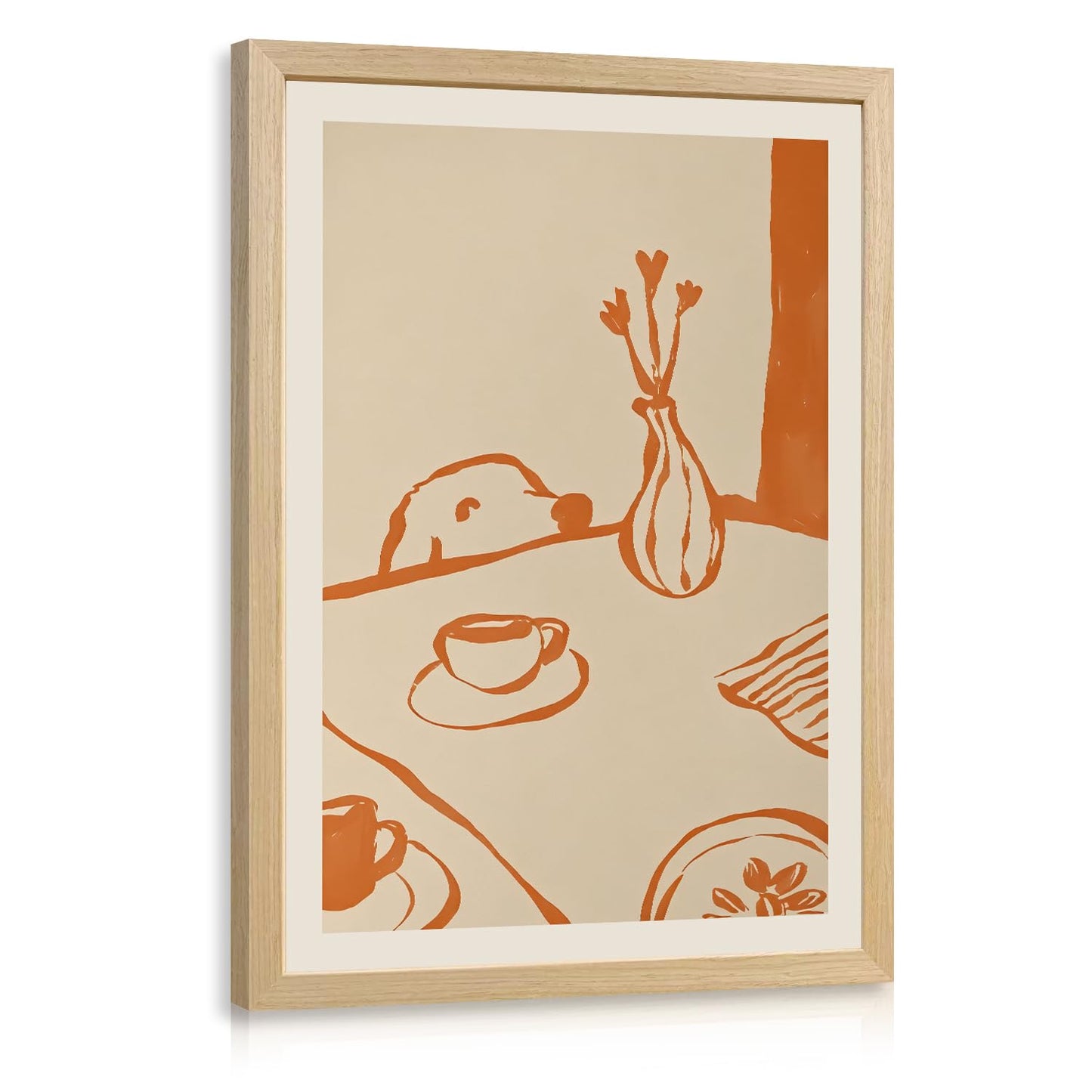 Msziryn Wood Framed Minimalist Coffee Wall Art, Brown Line Drawing Kitchen Wall Decor, Scandinavian Still Life Poster Print, Modern Coffee Dog Artwork for Dining Room Office Wood Framed 12x16 Inch