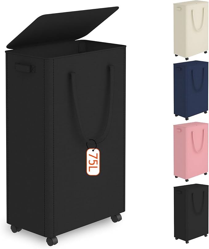 Slim Laundry Hamper with Wheels,20 Gal (75L) Rolling Laundry Basket with lid and wheels Clothes Hamper Foldable Tall Dirty Clothes Basket Sturdy Collapsible Clothes Hamper for Dorm,Laundry Room