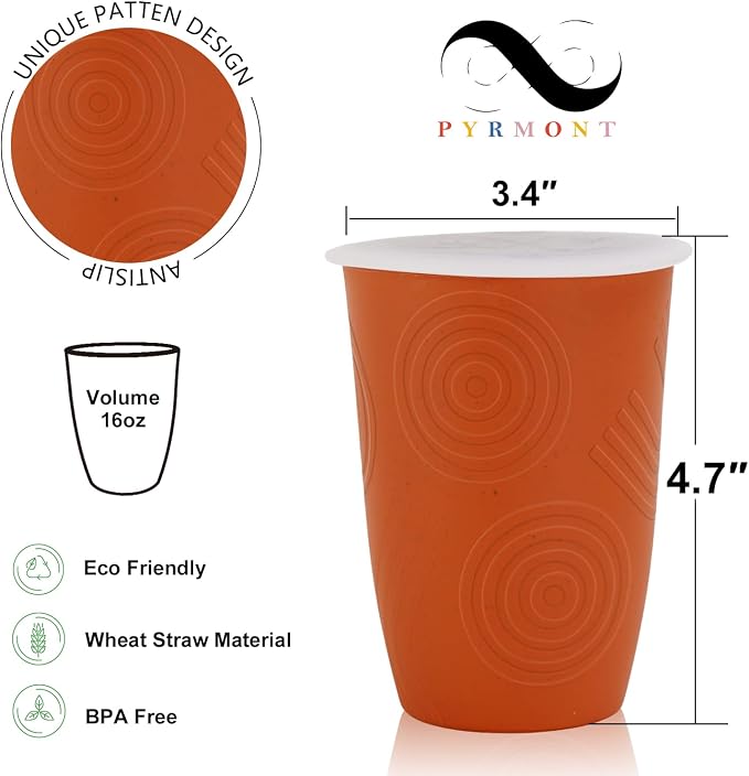 PYRMONT Wheat Straw Cups 16 Oz Alternative Plastic Cups Set of 6 With Lid Unbreakable Water Cups for Kitchen Dishwasher & Microwave Safe Drinking Cups for New Home,Apartment-Colorful