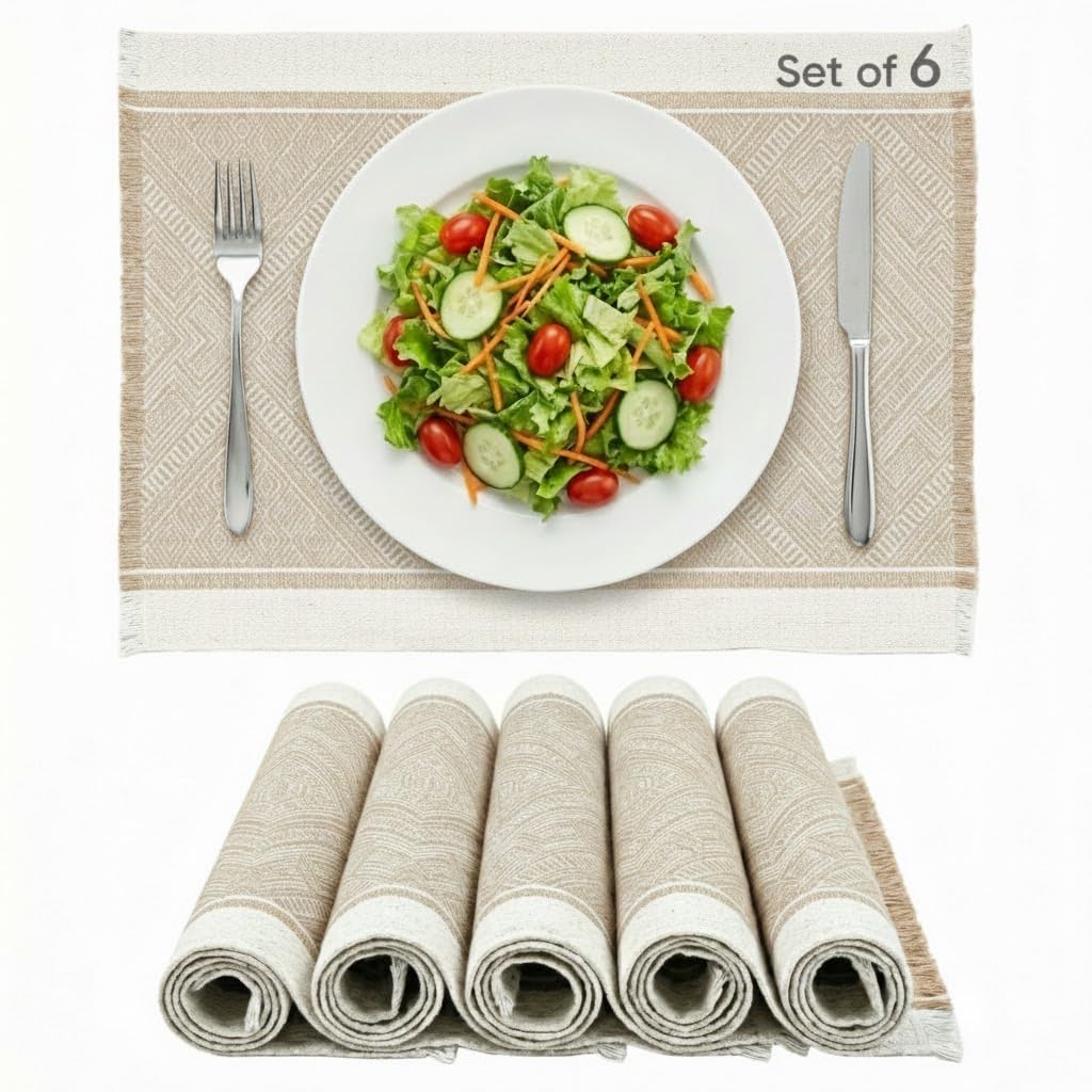 GleeNflux Placemats Set of 6, Fabric Placemats for Dining Table, Woven Polyester Place Mats with Fringe, Machine Washable, Khaki Geometric Table Mats, Modern Table Decor, Housewarming Gift