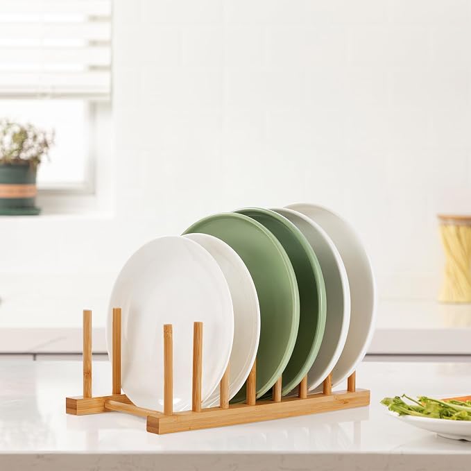 HBlife 2-Pack Bamboo Wooden Dish Rack Holder Space-Saving Vertical Organizer for Plates, Cups, Pots, Lids, Bowls & Cutting Boards Kitchen Cabinet & Counter Storage