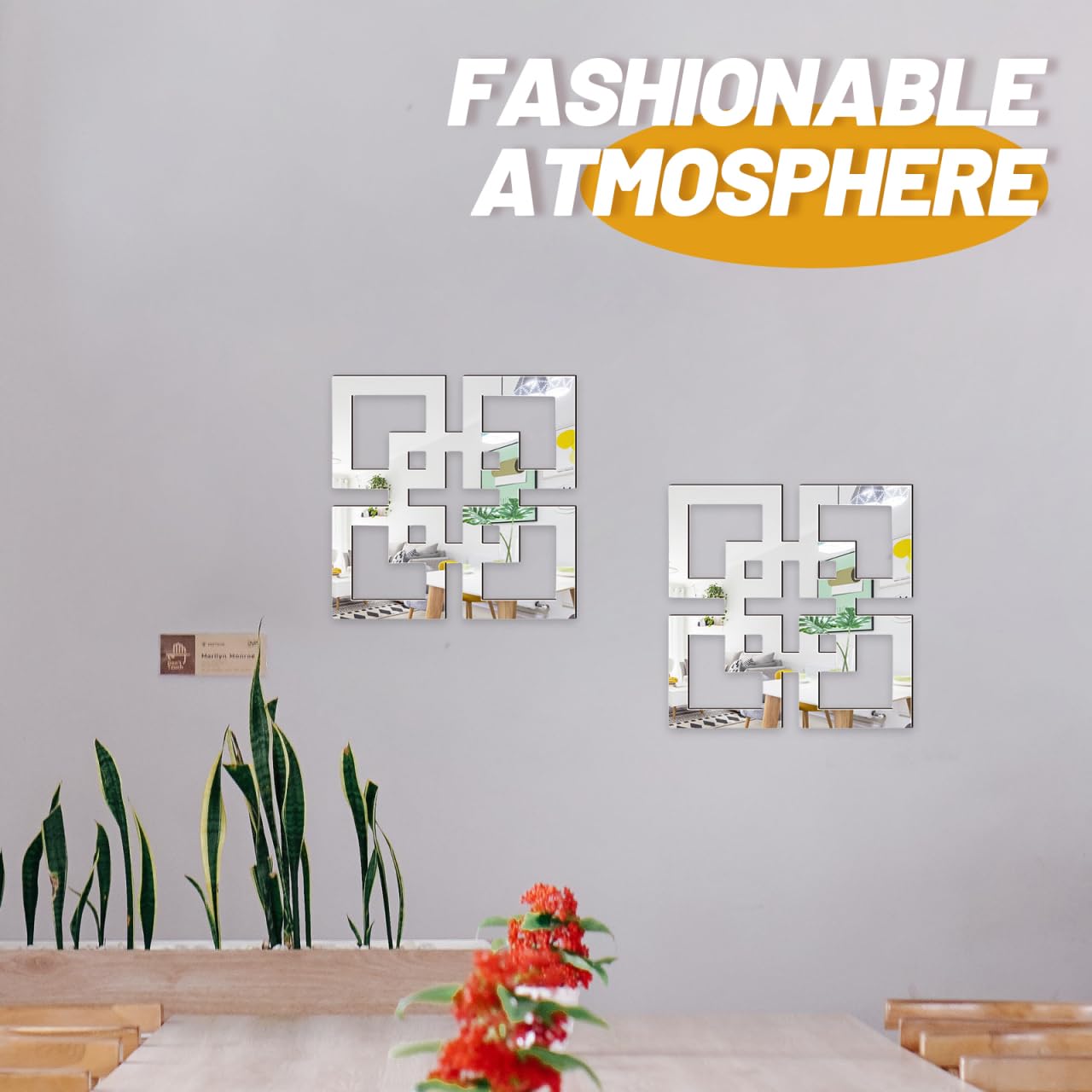 Angoily Rustic Square Mirror Wall Stickers 11.8 Inch Basswood Hollowed Wall Decor for Living Room Bedroom Home Decoration