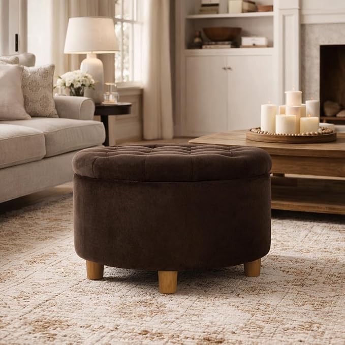 Homepop Home Decor | Button Tufted Velvet Round Storage Ottoman | Ottoman with Storage for Living Room & Bedroom, Chocolate Brown Velvet