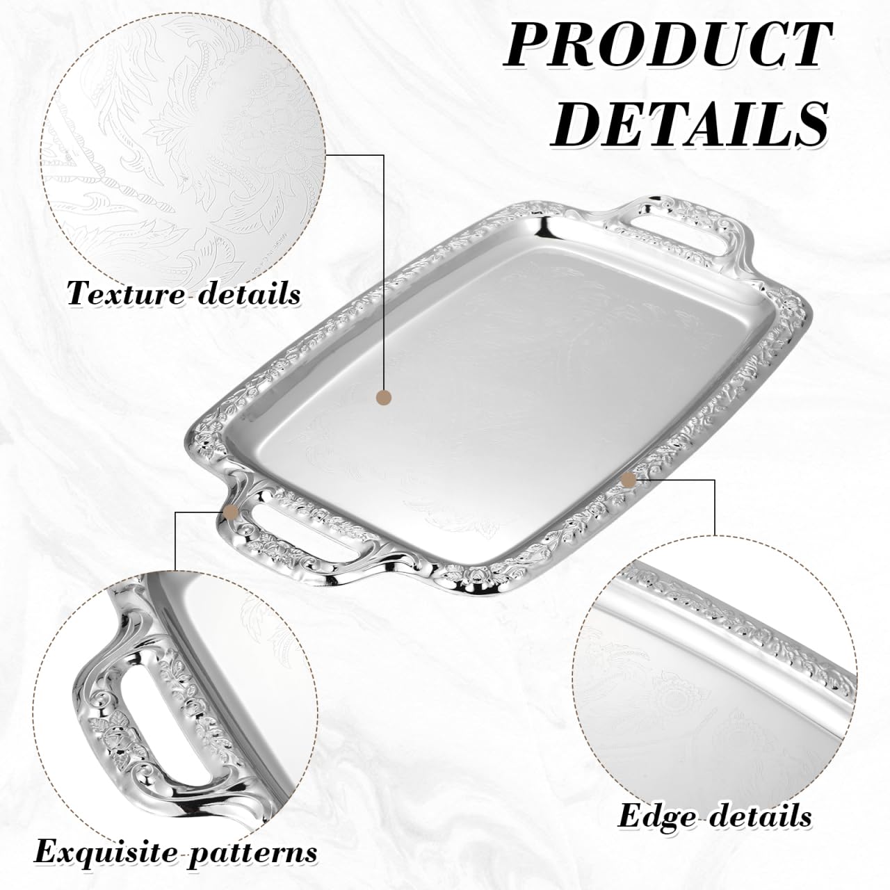 STOBAZA Silver Serving Tray, Metal Coffee Table Ottoman Tray with Handles, Rectangle Butler Plate for Breakfast in Bed, Table Decor - 15.3X9X0.67inch