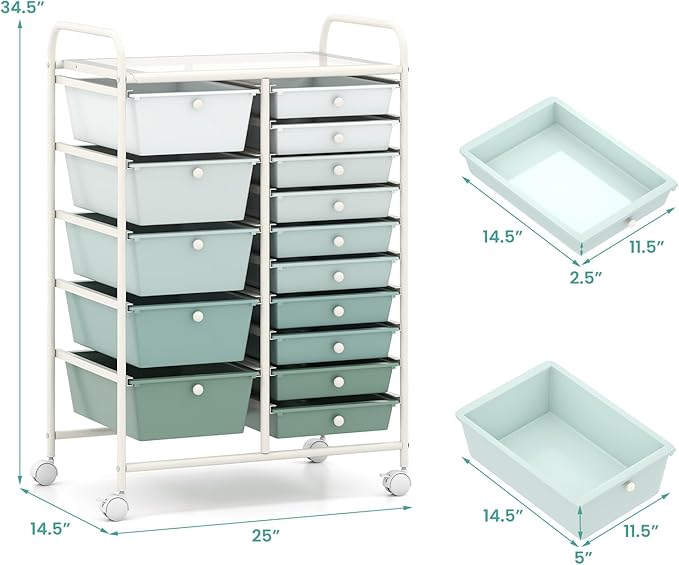 Giantex 15 Drawers Rolling Cart, Classroom Organizers, Storage Cart with Wheels, for Teacher Office Home School Supplies Tool Craft Art Paper, Green Gradient