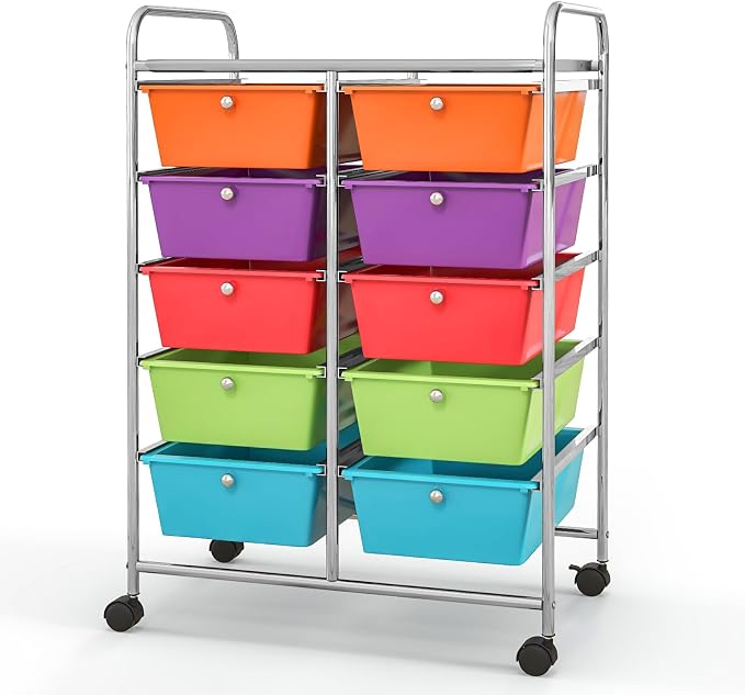 Giantex 10 Drawers Rolling Cart, Classroom Organizers, Storage Cart with Wheels, for Teacher Office Home School Supplies Tool Craft Art Paper, Rainbow Color