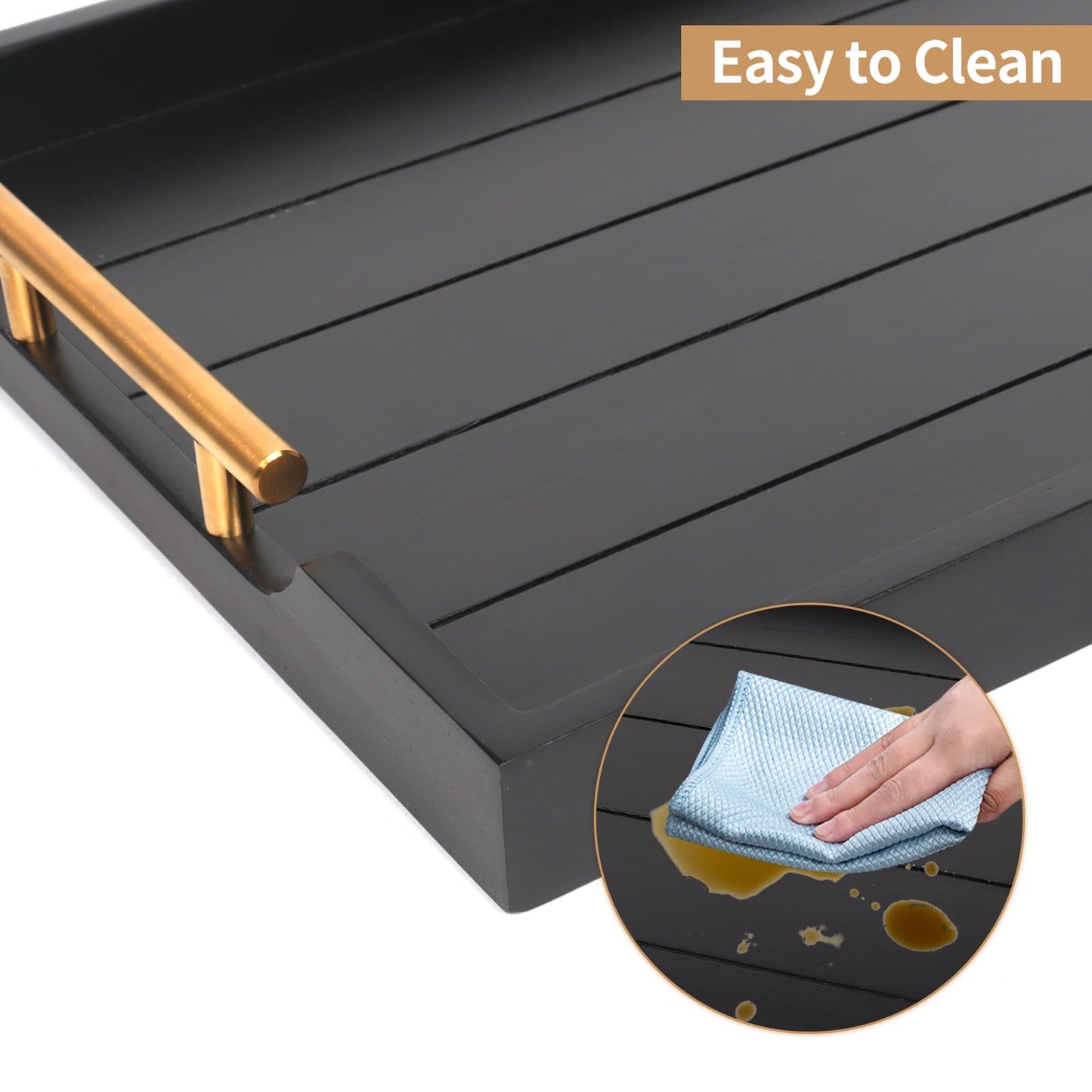SXNOWS Coffee Table Trays - Large Ottoman Tray for Living Room -Wood Serving Tray with 2 Sets of Handles - Wooden Tray for Coffee Table, 4 Round Coasters Included, Black