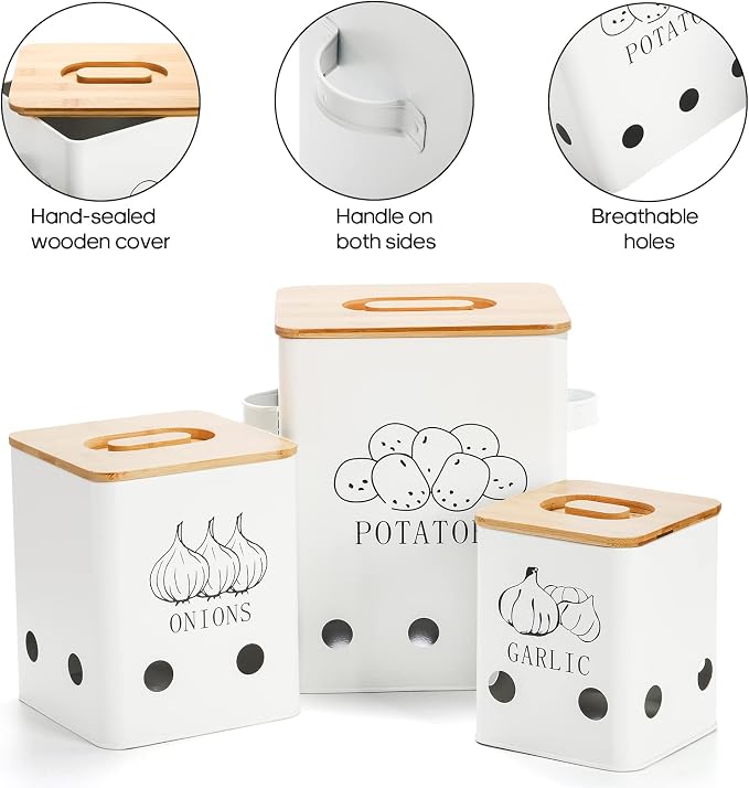 WUWEOT 3 Pack Vegetable Storage Tins, Metal Onion Garlic Potato Jars Set, Kitchen Canisters Vegetable Keeper Containers with Aerating Holes and Wooden Lid