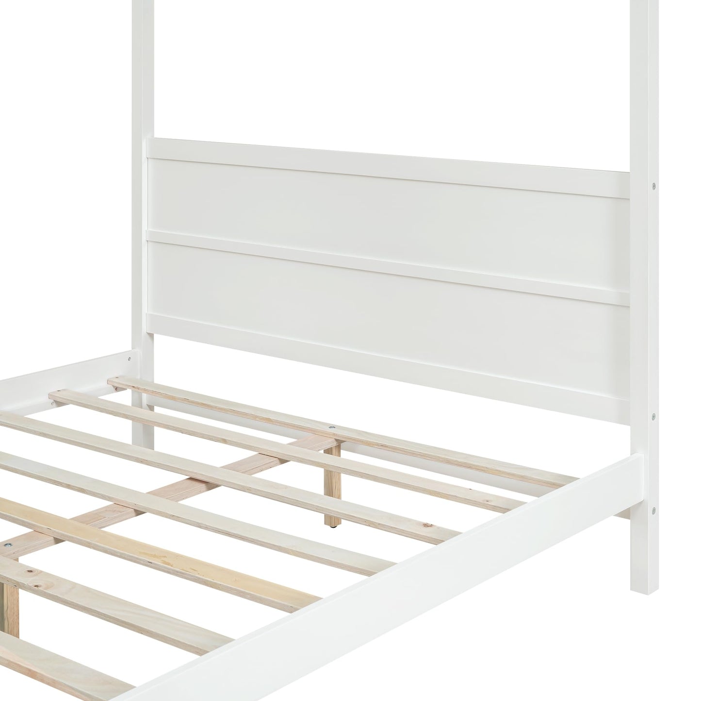 GDFStudio Queen Size Canopy Bed Frame, Wood Platform Canopy Bed Queen with Headboard and Footboard, Four Poster Canopy Bed Frame with Slat Support, No Box Spring Needed, Easy Assembly, White