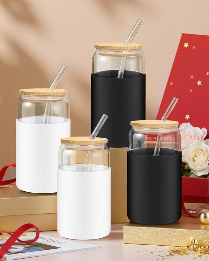 sungwoo Glass Cups with Lids and Straws, 4 Pack 16OZ Iced Coffee Cups with Silicone Sleeve, Glass Tumbler with Straw and Bamboo Lid, Home Essential Drinking Set for Juice, Cocktail and Tea Black&White