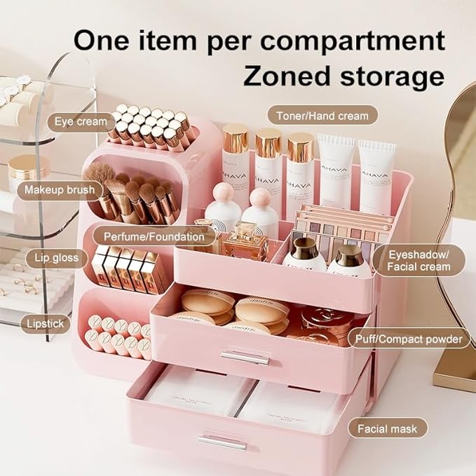 Makeup Organizer with Drawers,Large Capacity Countertop Organizer for Vanity,Bathroom and Bedroom Desk Cosmetics Organizers,Easy To Storage Skincare,Brushes,Lotions (All Pink)