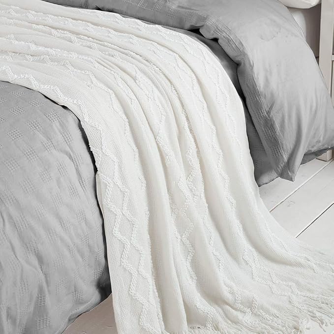 BOURINA Fluffy Chenille Knitted Fringe Throw Blanket Lightweight Soft Cozy for Bed Sofa Chair Throw Blankets, Off White 60"x80"
