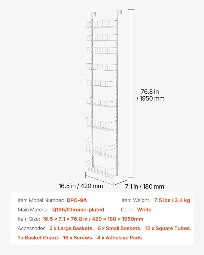 VEVOR Over the Door Pantry Organizer, 9-Tier Pantry Organization and Storage, Heavy-Duty Steel Hanging Spice Rack, Adjustable Wall Seasoning Shelves, for Home Kitchen Laundry Room Bathroom, White