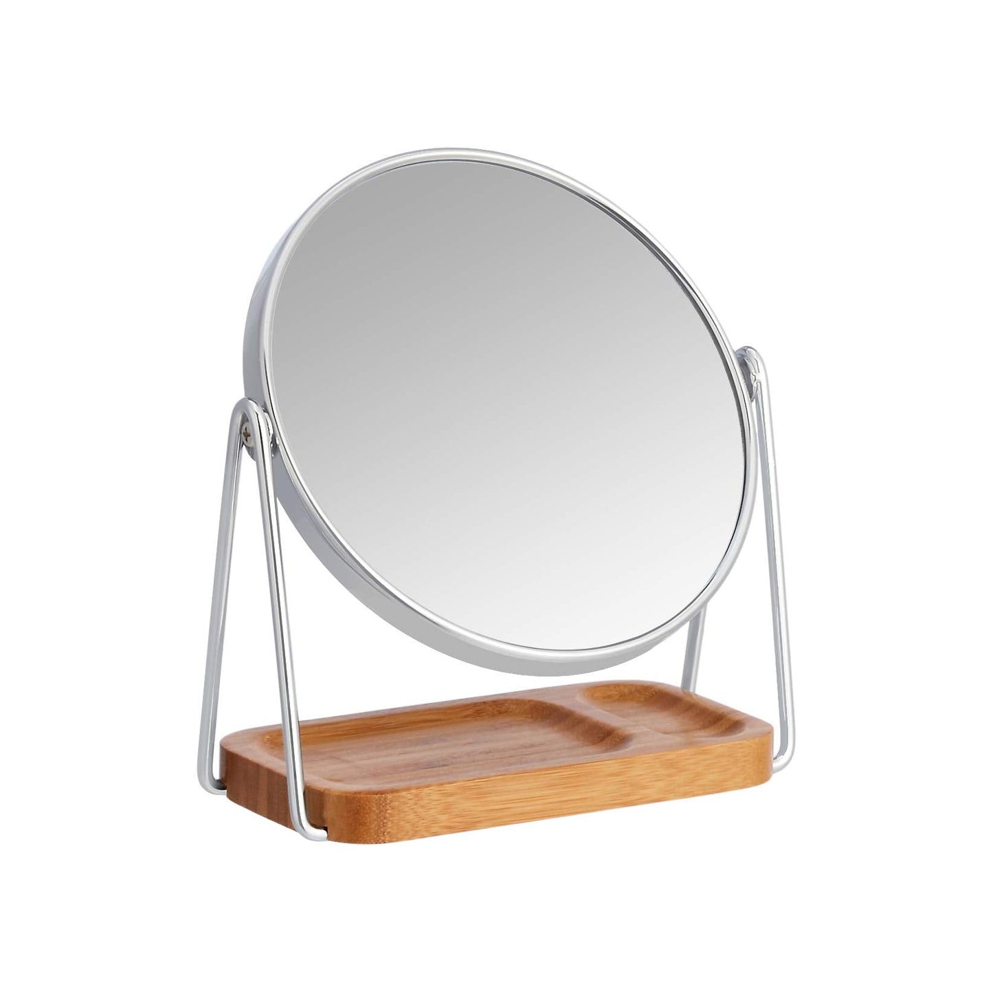 Amazon Basics Vanity Round Tabletop Mirror with 360° Rotation, Double Sided 1x/5x Magnification, Chrome Finish, Squared Bamboo Tray, 7.2"L x 3.35"W
