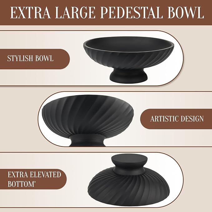 Deobath Large Resin Pedestal Decorative Bowl - Modern Fruit Bowl for Kitchen Counter - Handicraft Bowls for Home Decor - Key Bowl for Entry Table,Matte Black